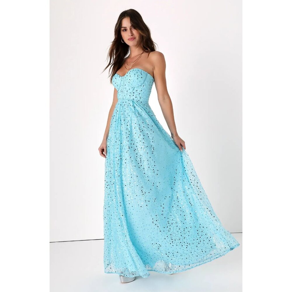 NWT Lulus Radiant Reflection Light Blue Sequin Tulle Strapless Maxi Dress Blue L